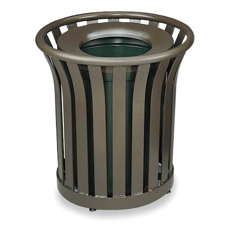 Rubbermaid Commercial 36 gal. Round Trash Can, Architectural Bronze, 29" Dia, None, Steel, Rigid Plastic FGMT32PLABZ