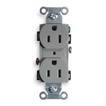 Hubbell Wiring Device-Kellems Straight Blade Receptacle, 5-15R, 15 A, 125V AC, 2 Pole, 3 Wire, Flush Mount, Grounded BR15GRY