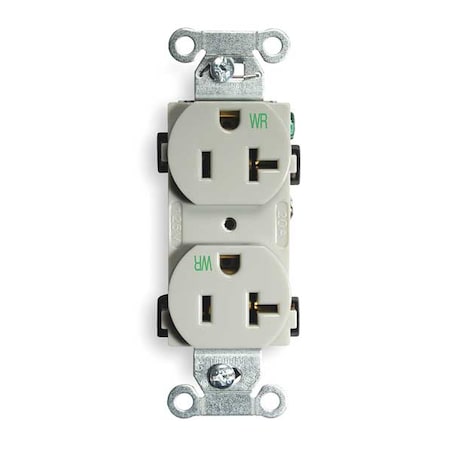 Hubbell Wiring Device-Kellems Straight Blade Receptacle, 5-20R, 20 A, 125V AC, 2 Pole, 3 Wire, Flush Mount, Grounded BR20GRYWR