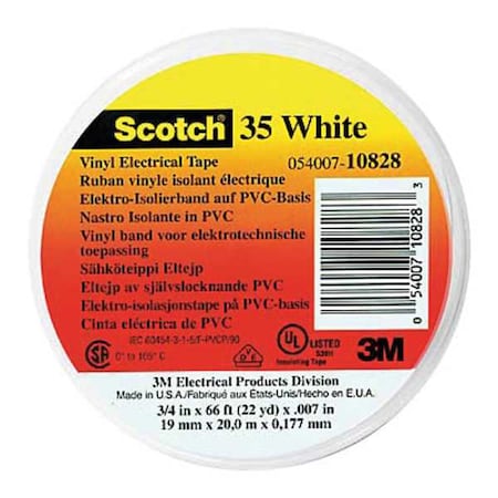 3M ElectricalTape, Wht, 6-5/8ydL, 1/2inW, PK100 10232