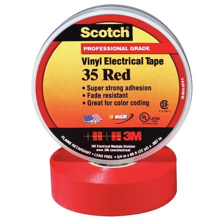 3M ElectricalTape, Red, 6-5/8ydL, 1/2inW, PK100 35-RED-1/2X20FT