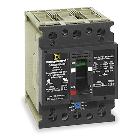 Square D Molded Case Circuit Breaker, GJL Series, 75 A, 3 Pole, 347/600V AC, 18kA at 600V AC GJL36075M06