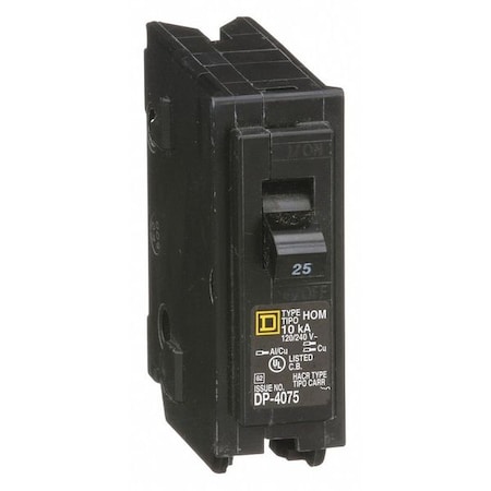 Square D Miniature Circuit Breaker, HOMELINE Series, 25A, 1 Pole, 120V AC, 10kA at 120V AC HOM125