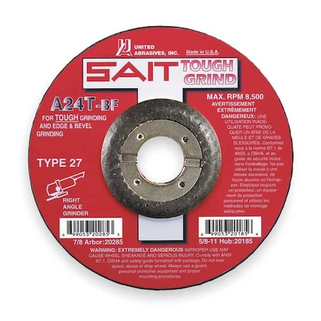 United Abrasives/Sait Depressed Center Grinding Wheel, Type 27, 4 1/2 in Dia, 0.25 in Thick, 7/8 in Arbor Hole Size 20065