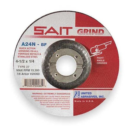 United Abrasives/Sait Depressed Center Grinding Wheel, Type 27, 4 1/2 in Dia, 0.25 in Thick, 7/8 in Arbor Hole Size 20060