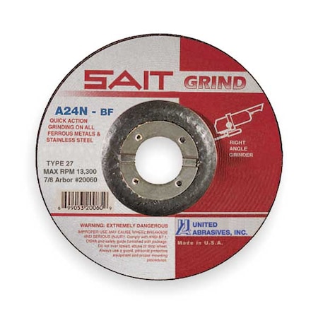 United Abrasives/Sait Depressed Center Grinding Wheel, Type 27, 5 in Dia, 0.25 in Thick, 7/8 in Arbor Hole Size, 24 Grit 20070