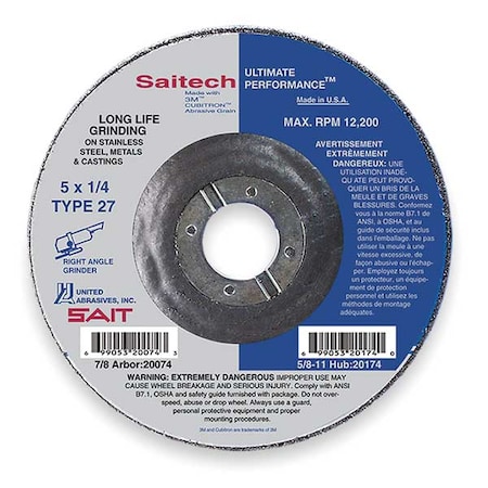 United Abrasives/Sait Depressed Center Grinding Wheel, Type 27, 9 in Dia, 0.25 in Thick, 7/8 in Arbor Hole Size, Ceramic 20094