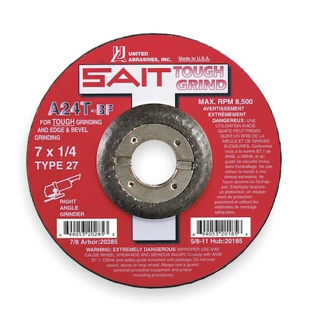 United Abrasives/Sait Depressed Center Grinding Wheel, Type 27, 7 in Dia, 0.25 in Thick, 7/8 in Arbor Hole Size, 24 Grit 20285