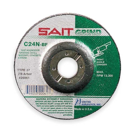 United Abrasives/Sait Depressed Center Grinding Wheel, Type 27, 4 1/2 in Dia, 0.25 in Thick, 7/8 in Arbor Hole Size 20061