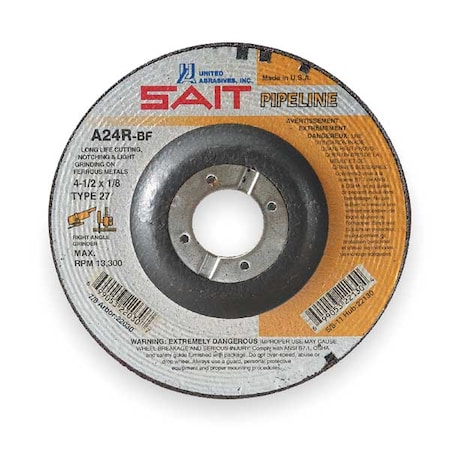 United Abrasives/Sait Cut-Off & Grinding Wheel, Type 27, 5 in Dia, 0.125 in Thick, 7/8 in Arbor Hole Size, Aluminum Oxide 22040
