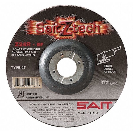 United Abrasives/Sait Depressed Center Grinding Wheel, Type 27, 9 in Dia, 0.25 in Thick, 7/8 in Arbor Hole Size, 24 Grit 22606