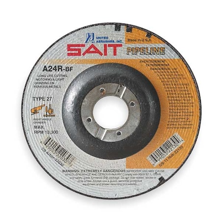 United Abrasives/Sait Cut-Off & Grinding Wheel, Type 27, 9 in Dia, 0.125 in Thick, 7/8 in Arbor Hole Size, Aluminum Oxide 22065