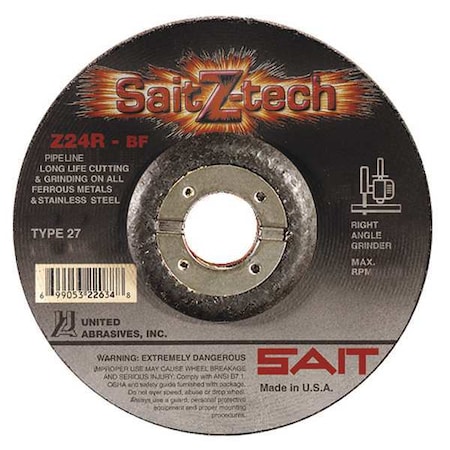 United Abrasives/Sait Cut-Off & Grinding Wheel, Type 27, 7 in Dia, 0.125 in Thick, 7/8 in Arbor Hole Size, 24 Grit 22624