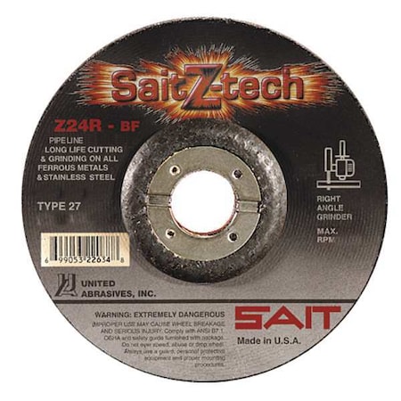 United Abrasives/Sait Cut-Off & Grinding Wheel, Type 27, 9 in Dia, 0.125 in Thick, 7/8 in Arbor Hole Size, 24 Grit 22626