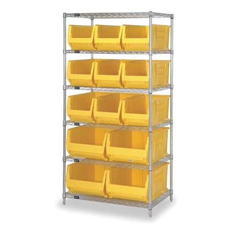 Quantum Storage Systems Steel, Polypropylene Bin Shelving, 30 in D x 74 in H x 36 in W, 6 Shelves, Yellow WR6-973974YL