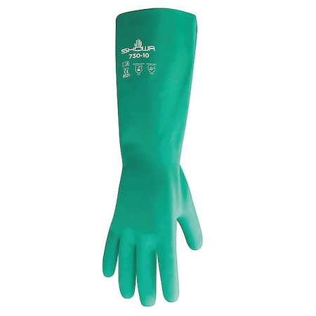 Showa Chemical Resistant Gloves, Nitrile, 15 mil, 13 in L, Flock Lining, Bisque Texture, Green, Size 10, PR 730-10