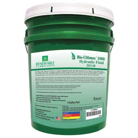 Renewable Lubricants 5 gal Pail, Hydraulic Oil, 68 ISO Viscosity, Not Specified SAE 81024