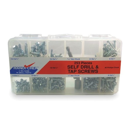 Zoro Select Tapping Screw Assortment, No 12; No 10; No 8; No 6 x Zinc Plated Finish, Steel, Hex Head Phillips Drive WWG-DISP-SCREW253