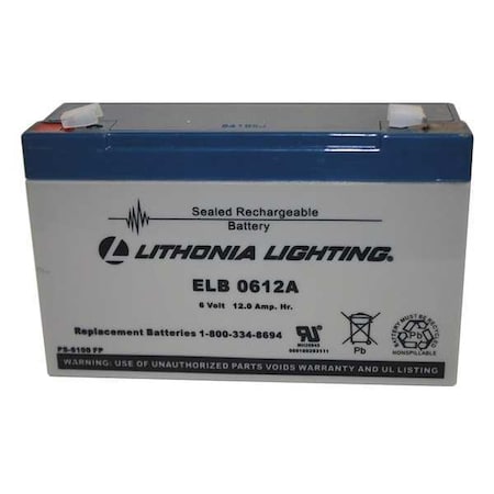 LITHONIA LIGHTING Battery, Lead Calcium, 6V, 12A/HR. ELB 0612A