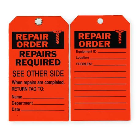 Zoro Select Tag, Repair, Polyester, 7 in H x 4 in W, Orange, Rectangle, 10 PK 2RMU8
