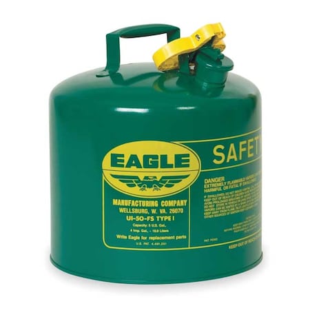 Eagle Mfg Type I Safety Can, Galvanized Steel, 5 gal, Green, 9 in Dia., Self-Closing Lid, Combustibles UI50SG