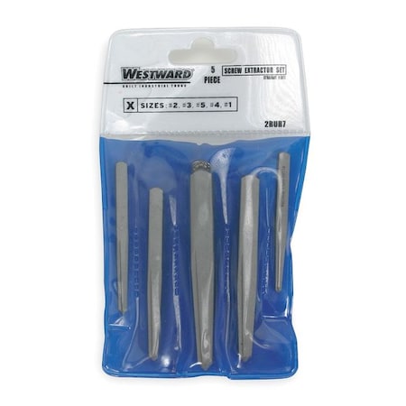 WESTWARD Screw Extractor Set, 1/8 to 3/8, 5 pcs. 2RUR7