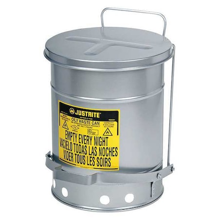 Justrite Oily Waste Can, 14 gal, Gray, Steel, 20 1/4 in Height, Sound Dampening Foot Operated Self-Closing 09504