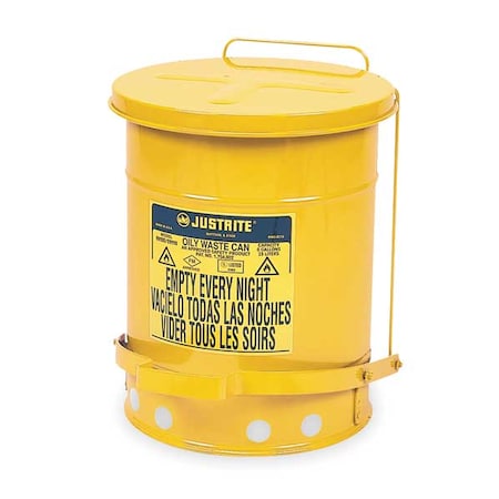 Justrite Oily Waste Can, 6 gal, Yellow, Steel, 15 7/8 in Height, Foot Operated Self-Closing 09101