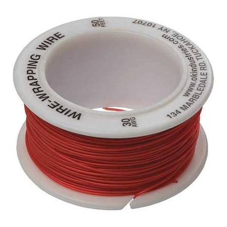 Ok Industries Spooled Wrapping Wire, 30 AWG, Red, Kynar(R), 50 ft R-30R-0050