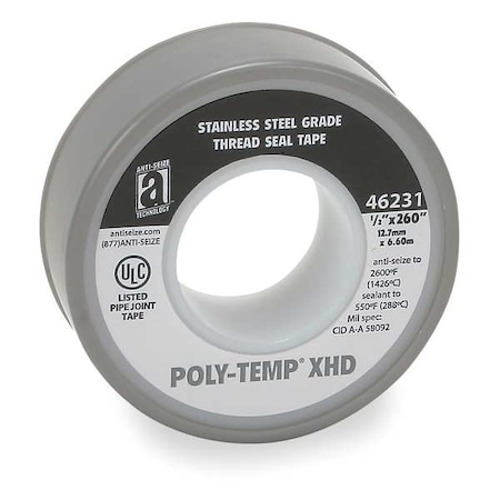 ANTI-SEIZE TECHNOLOGY Thread Seal Tape, 1/2 In. W, 260 In. L 46231A