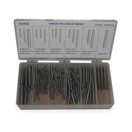 Zoro Select Taper Pin Asst, Std, Stl, 120 Pcs, 15 Sizes TPKIT15120