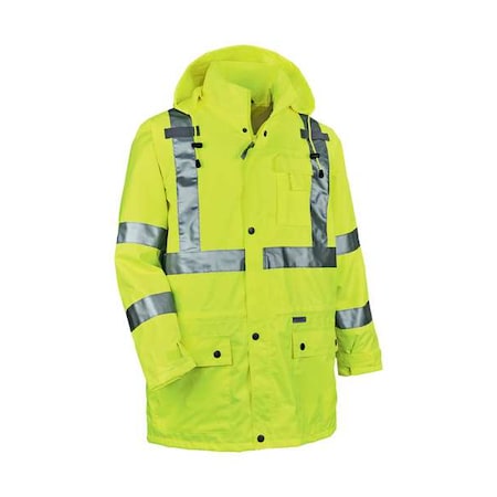 Ergodyne Rain Jacket with Hood, Polyester, Class 3 Type R, Yellow/Green, XL 8365