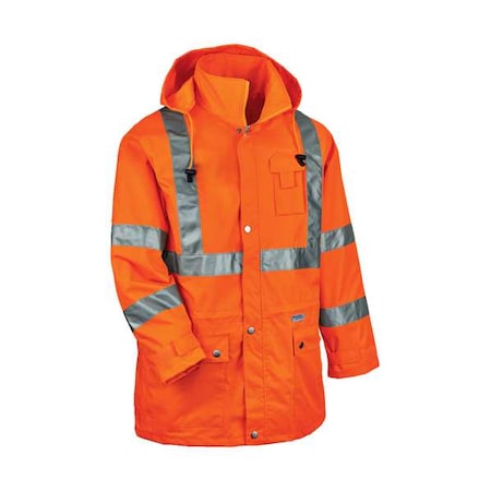Ergodyne Rain Jacket with Hood, Polyester, Class 3 Type R, Orange, 3XL 8365