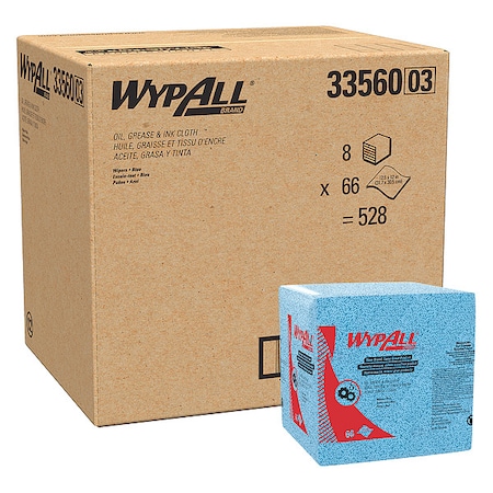 Wypall WypAll Oil, Grease & Ink Cloths (33560), Quarterfold, Lint-Free, Blue (66 Sheets/Pack, 8 Packs/Case) 33560