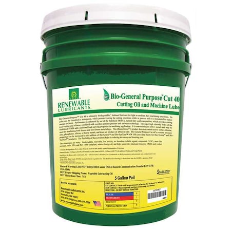 Renewable Lubricants Cutting Oil, 5 gal, Bucket 86834