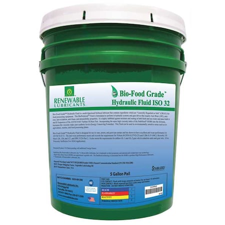 Renewable Lubricants Bio-Food Grade Hydraulic Fluid, 5 gal., ISO 32 87124