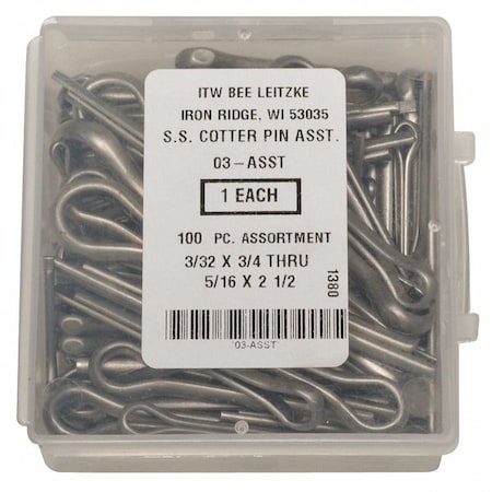 ITW BEE LEITZKE Cotter Pin Asst, 18-8,100 Pcs, 14 Sizes WWG-DISP-CPS100