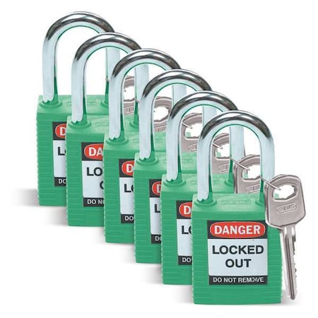 Brady Lockout Padlock, Keyed Different, Nylon, Standard Body Size, 1-3/4 in H, Green, PK6 51345