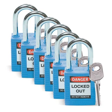Brady Lockout Padlock, Keyed Different, Nylon, Standard Body Size, 1-3/4 in H, Blue, PK6 51344
