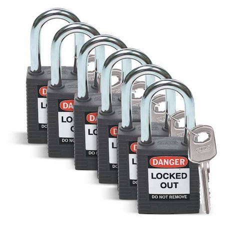 Brady Lockout Padlock, Keyed Different, Nylon, Standard Body Size, 1-3/4 in H, Black, PK6 51353