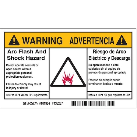 Brady Arc Flash Protection Label, PK100, 102311 102311