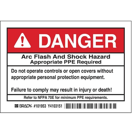 Brady Arc Flash Protection Label, PK5, 101953 101953