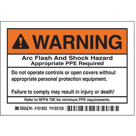 Brady Arc Flash Protection Label, PK5, 101952 101952