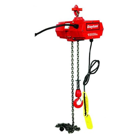 DAYTON Electric Chain Hoist, 1,000 lb, 10 ft, Hook Mounted - No Trolley, Red 2XY32