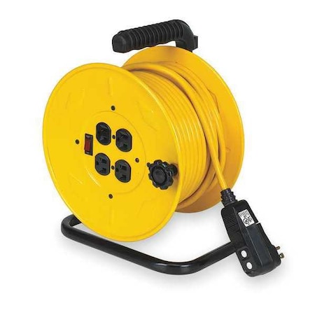 Zoro Select Cord Reel w/ Hand Lamp, Hand Operated, NEMA 5-15P, 14 AWG, Yellow, 80 ft L (Formerly LumaPro) 2YKR7