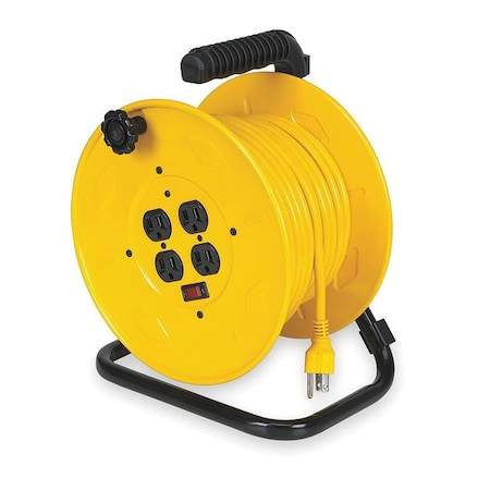 Zoro Select Cord Reel w/ Hand Lamp, Hand Operated, NEMA 5-15P, 14 AWG, Yellow Reel, 80 ft L (Formerly LumaPro) 2YKR5