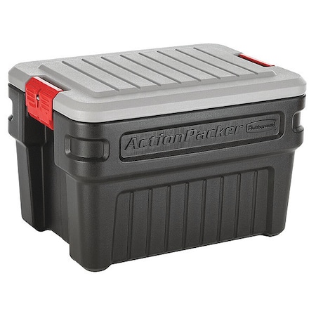 Rubbermaid Attached Lid Tote, 24 gal Volume Cap., 26 in L, 18 1/2 in W, 17 in H, Plastic, Black/Red 1949231
