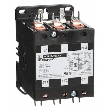 SQUARE D 120VAC Non-Reversing Definite Purpose Contactor 3P 90A, Hz: 50/60 8910DPA93V02