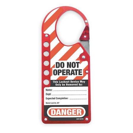 Master Lock Labeled Lockout Hasp, Red, Aluminum/Steel, 5 Max. No. of Padlocks, 3/8 in Max. Shackle Dia. 427