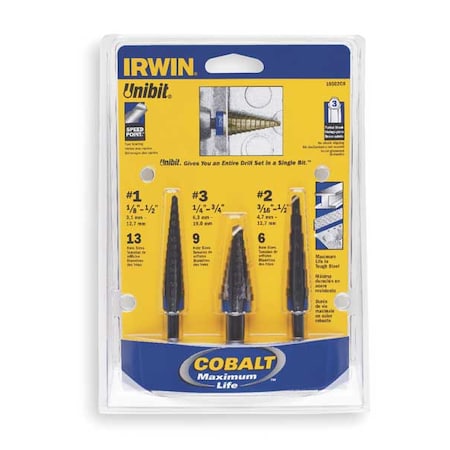 Irwin HSS Cobalt Alloy Steel Step Drill Bit Set, 3-Piece, No. 1, No. 2 & No. 3 10502cb